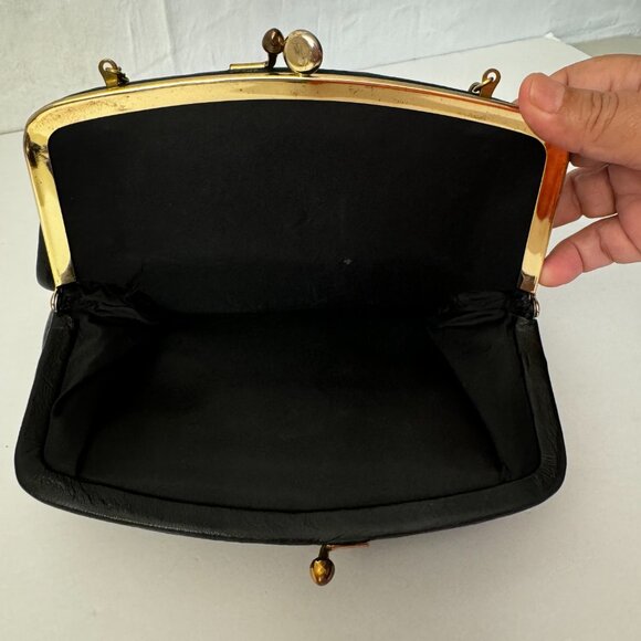 Liebermanns Lansing Michigan Black Leather Evening Clutch Dainty Gray Gold Chain - Picture 7 of 10